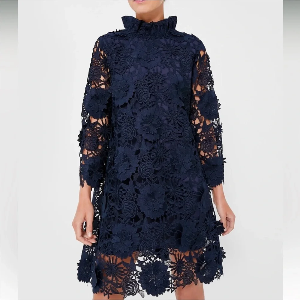 Tuckernuck Navy Floral Lace Mini Dress with Back Bow - Picture 5 of 14